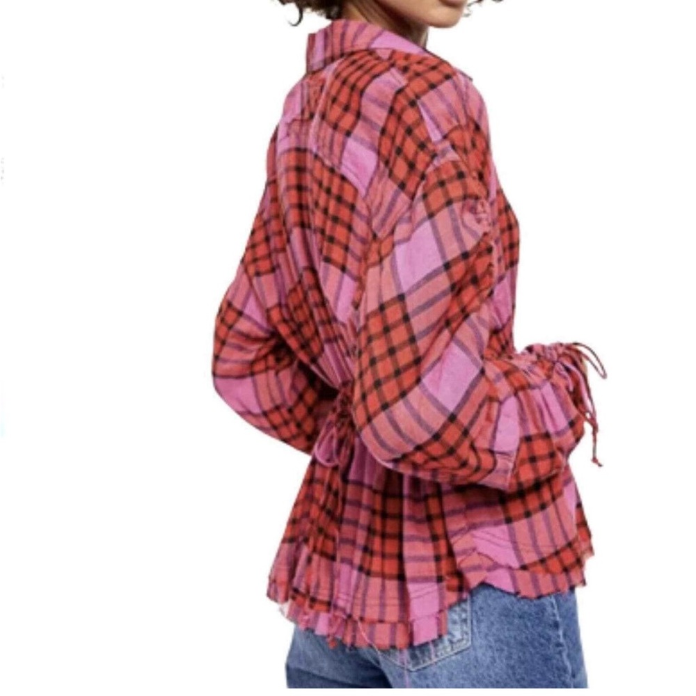 Free People Pacific Dawn Pink Red Plaid Ruched Sleeves Blouse Size L